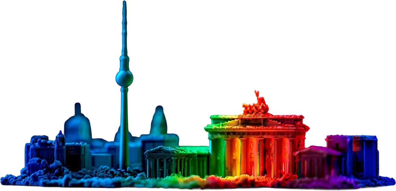 A stylized diorama of Berlin's skyline, with landmarks including the Brandenburg Gate and TV Tower.