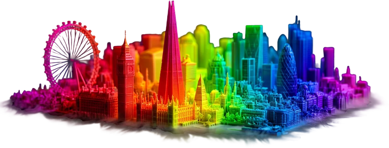 A stylized diorama of London's skyline, with landmarks including the Houses of Parliament, the London Eye, St Paul's Cathedral, the Gherkin, and the Shard.